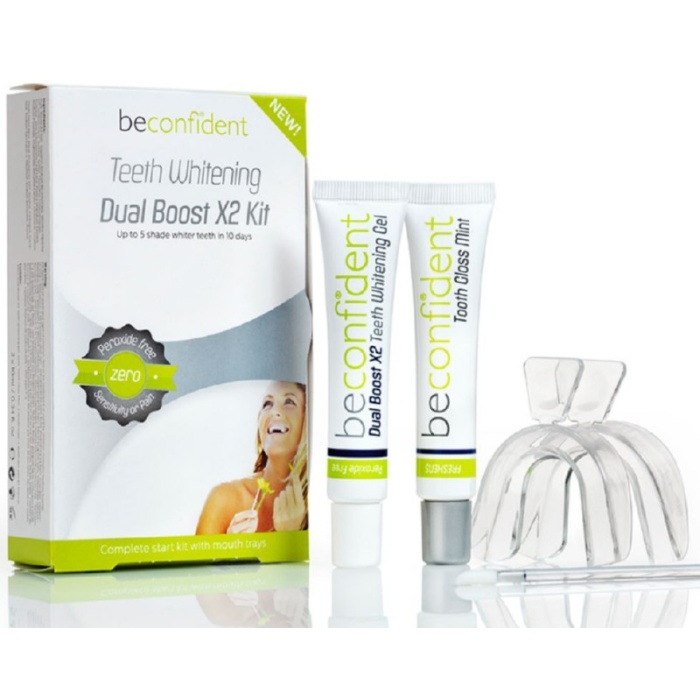 Dantu balinimo rinkinys BeConfident Teeth Whitening Dual Boost X2 Kit BEC122097 be peroksido kapos10 ml balinamasis gelis ir 10 ml zvilgesio dantims suteikianti priemone
