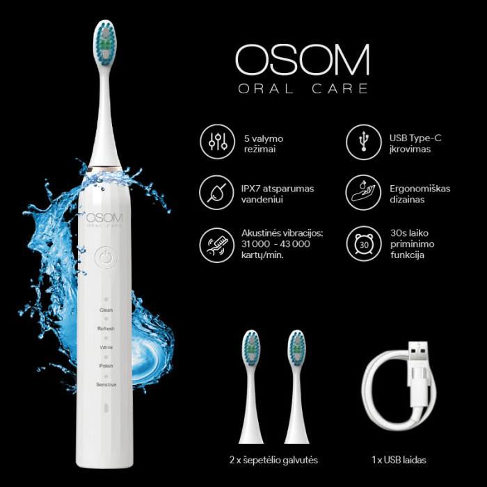 Ikraunamas elektrinis garsinis dantu sepetelis OSOM Oral Care Sonic Toothbrush White OSOMORALM1WH baltos spalvos 1