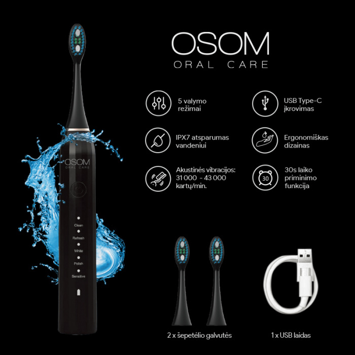 Ikraunamas elektrinis garsinis dantu sepetelis OSOM Oral Care Toothbrush Black OSOMORALM1BL juodos spalvos 1